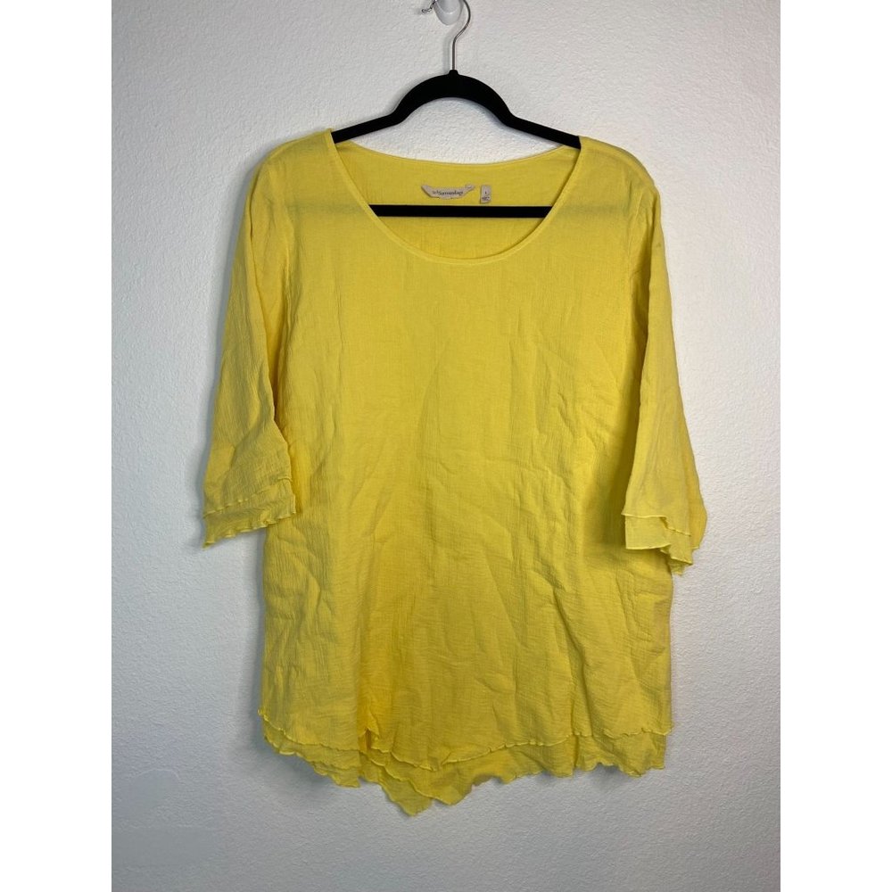Soft Surroundings women's large yellow‎ 3/4 sleeve gauzy asymmetrical hem blouse